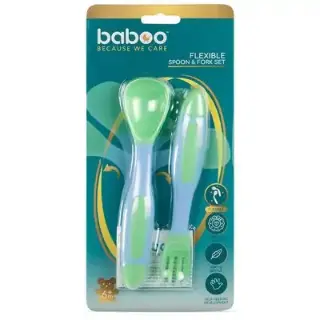 Baby spoon and fork with flexible handles. Green, 6+