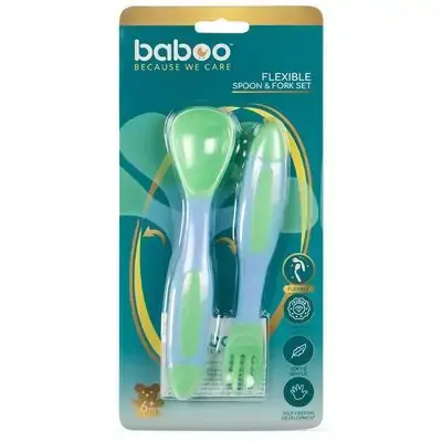 Baby spoon and fork with flexible handles. Green, 6+
